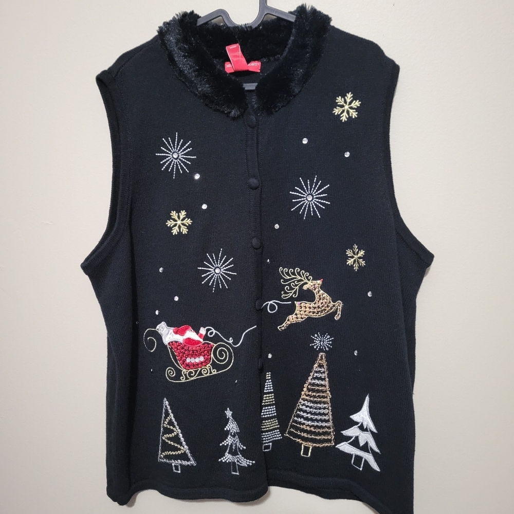 Merry & Bright Women's‎ 2X  Christmas Sweater Black Vest Gold Green Red NWT